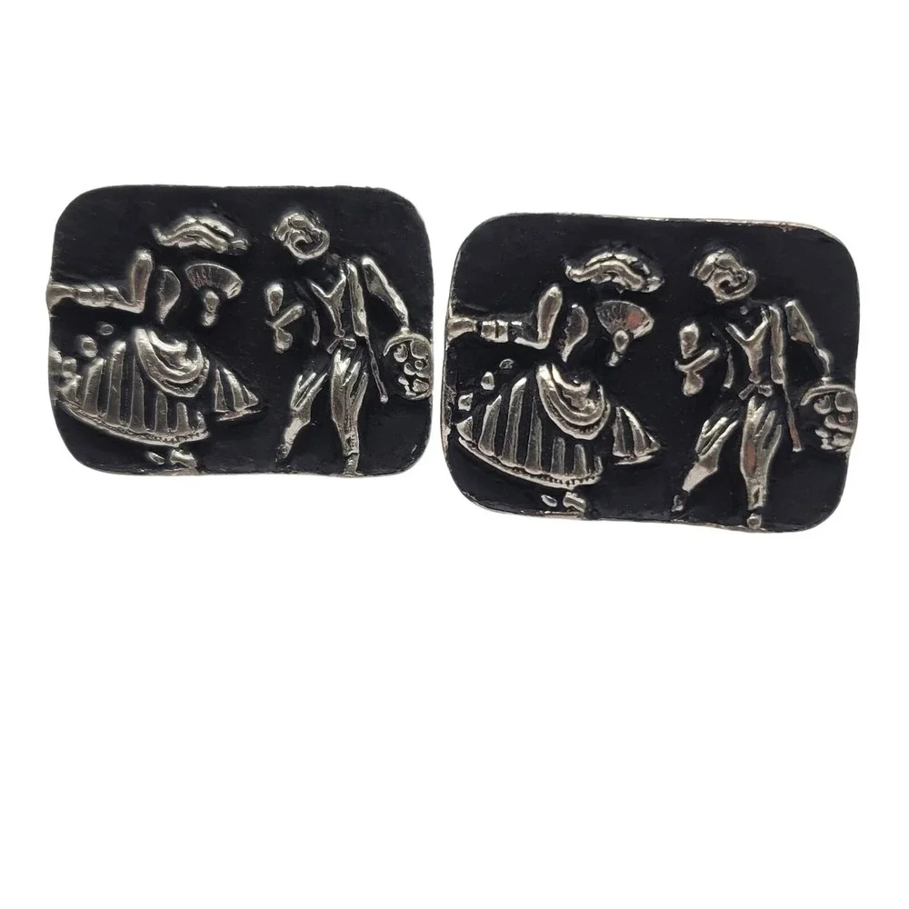 Large Black Enamel Cufflinks Silver Tone‎ Dancing Couple Novelty Mens Deco Dance